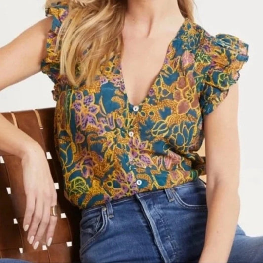 Cleobella Floral Button Up Cotton Chloe Shirt Top Blouse Green Yellow Medium