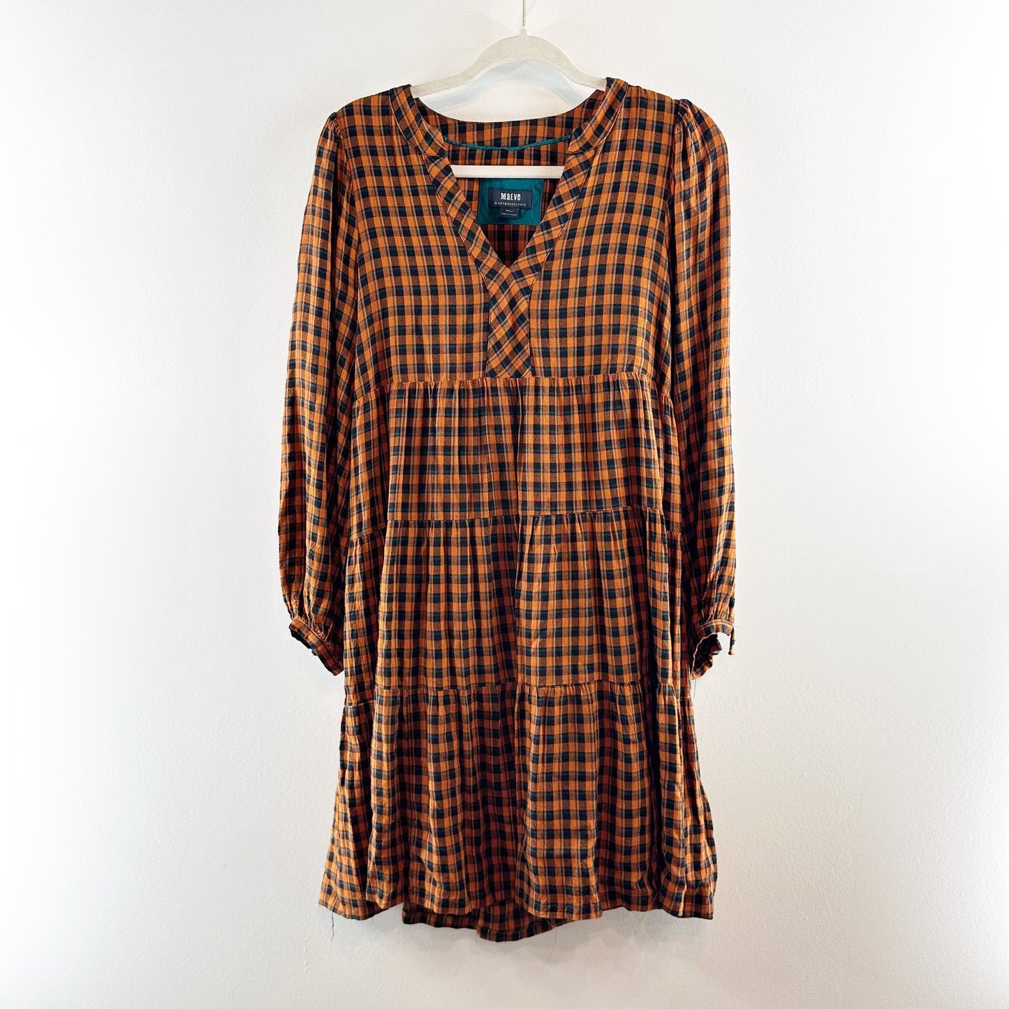 Maeve Anthropologie Long Sleeve Gingham Plaid Tunic Mini Dress Gold Black Small