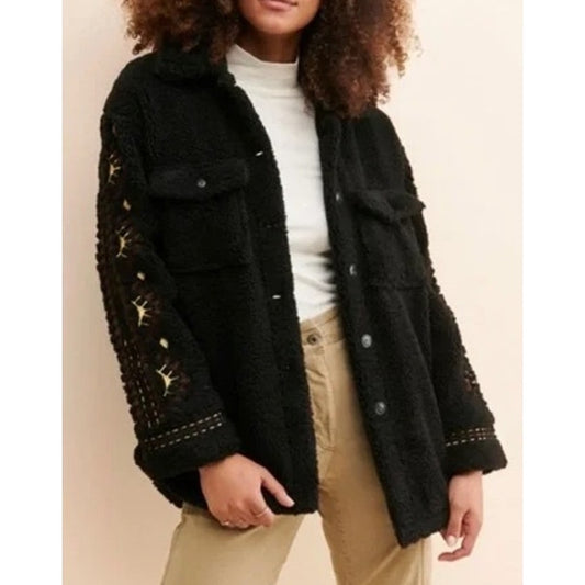 Driftwood Free People Sherpa Fleece Embroidered Jacket Black Small