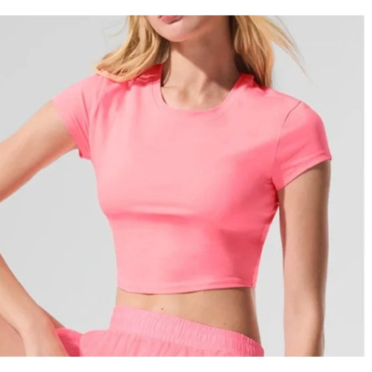 Alo Alosoft Crop Finesse Short Sleeve T-Shirt in Neon Bubblegum Pink Small