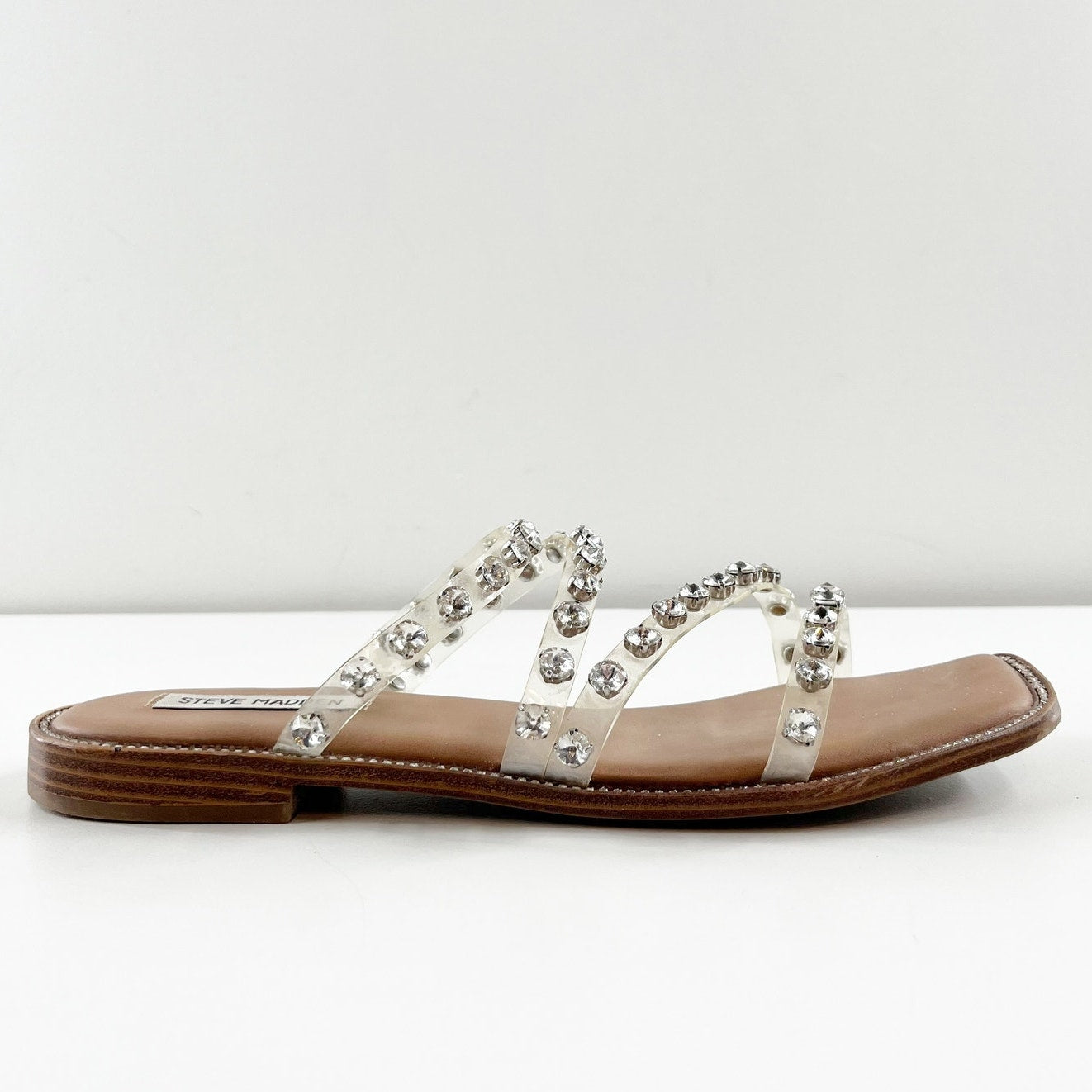 Steve Madden Skyler Embellished Rhinestone Strappy Studded Flat Sandal Clear 8.5