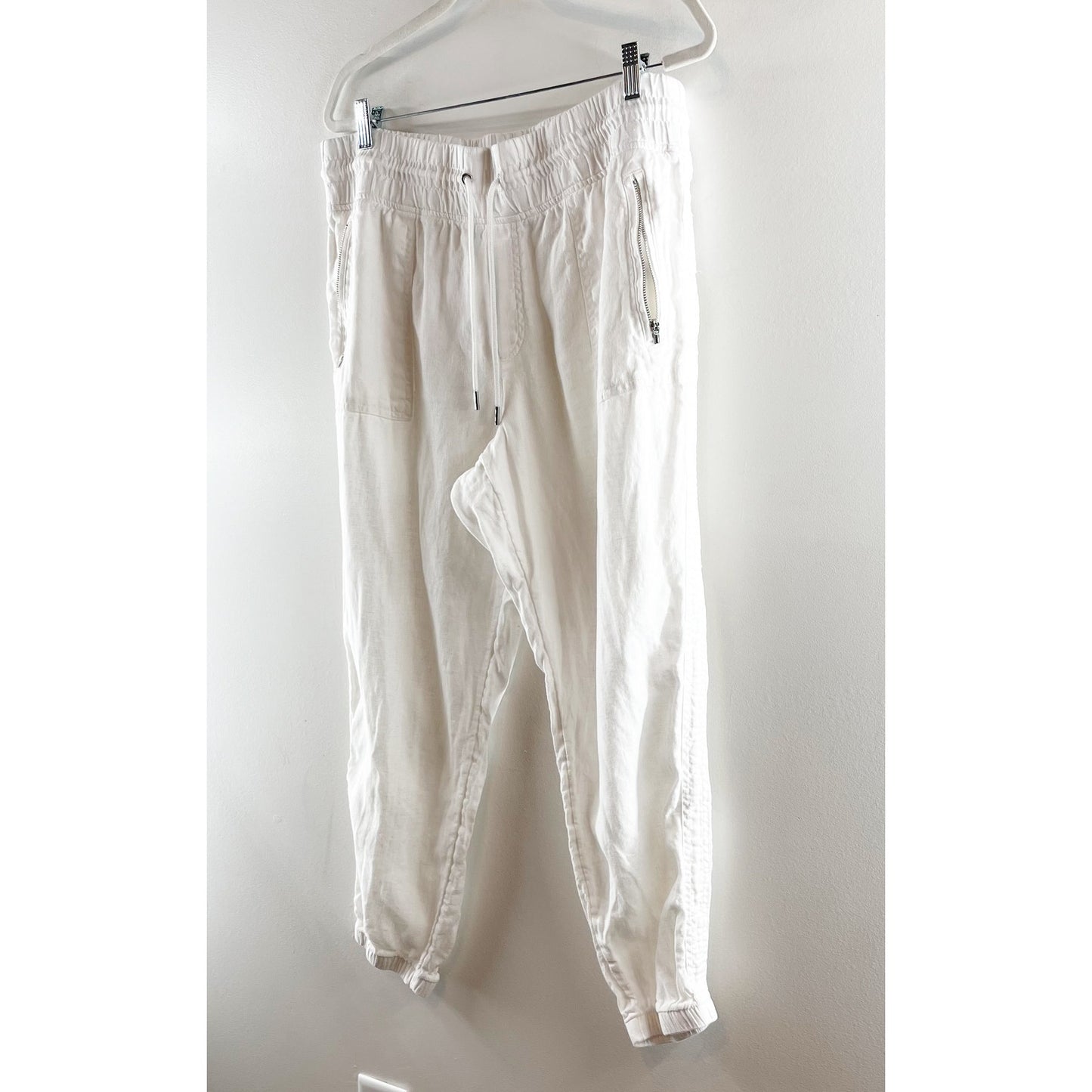 Athleta Cabo 100% Linen Pull On High Waisted Drawstring Jogger Pants White 16