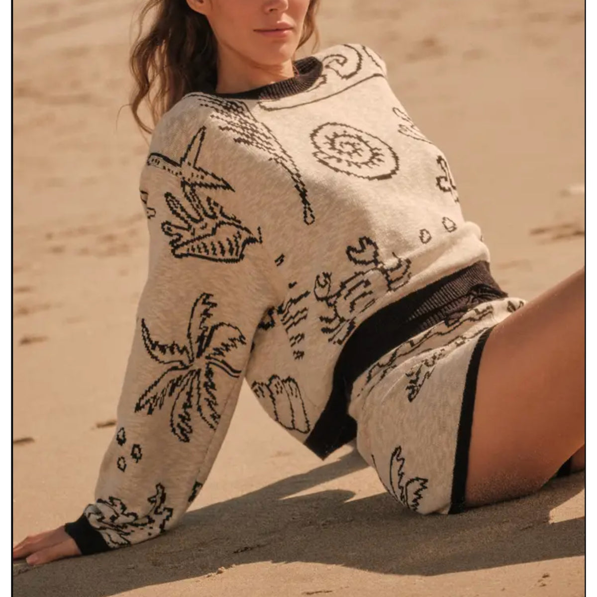Promesa Beach Bash Nautical Long Sleeve Jacquard Knit Sweater Tan Beige Large