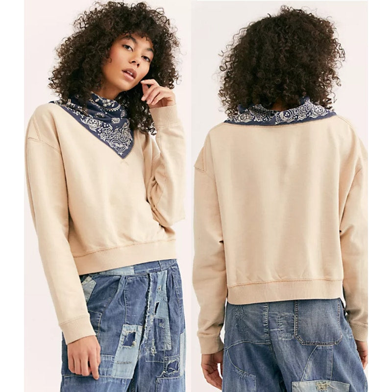 Free People James Bandana Print Cowl Neck Pullover Sweatshirt Ecru Combo XS