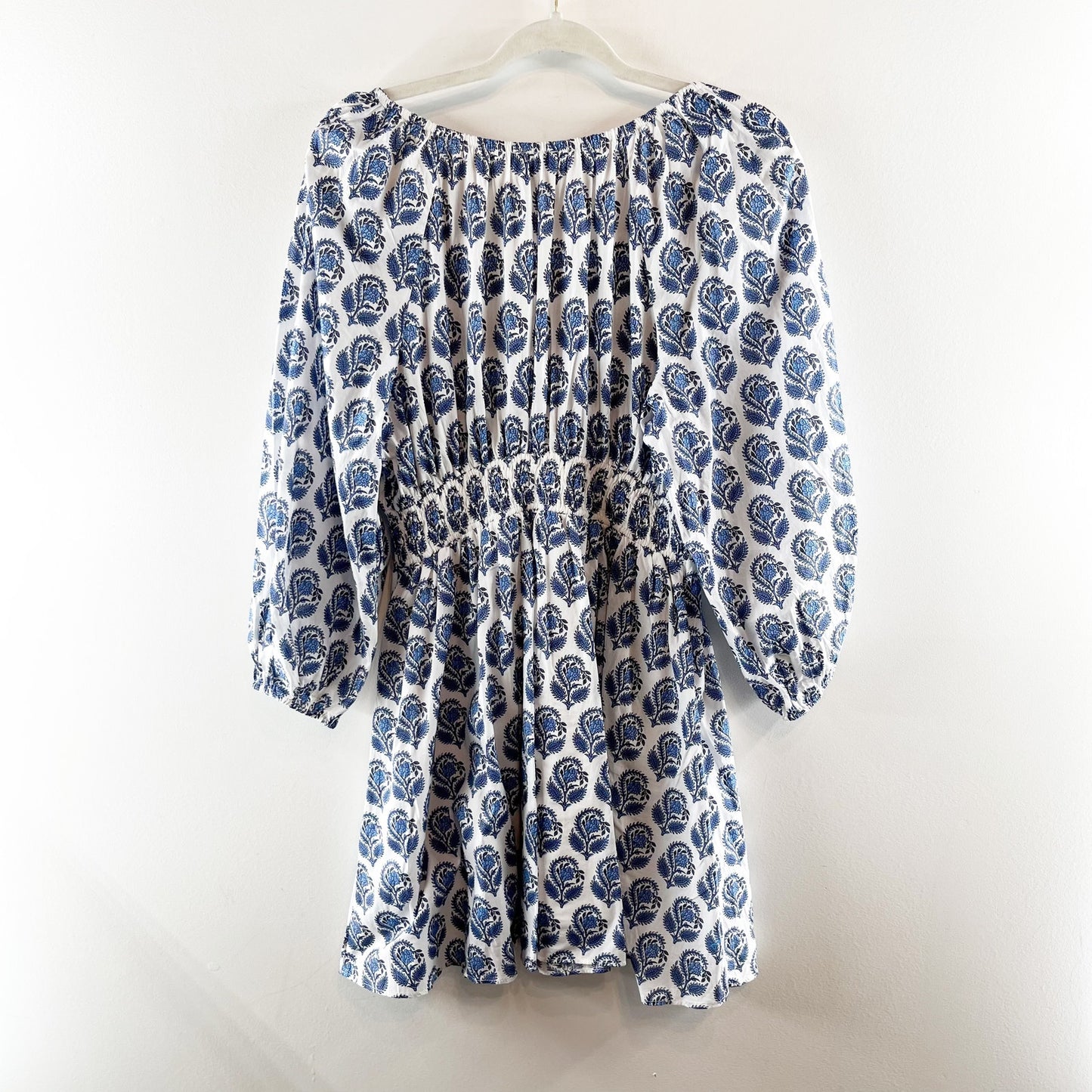 J. Crew 3/4 Sleeve Mini Cotton Dress in Bouquet Block Print Blue White Small