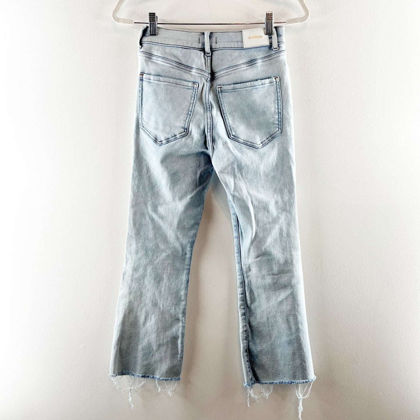 Express High Rise Cropped Flare Raw Hem Light Wash Jeans Blue 4