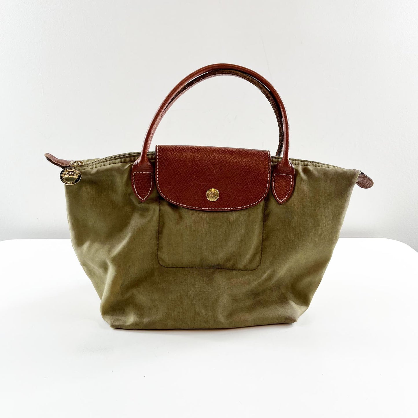 Longchamp Purse Le Pliage Small Top Handle Nylon Army Green Brown