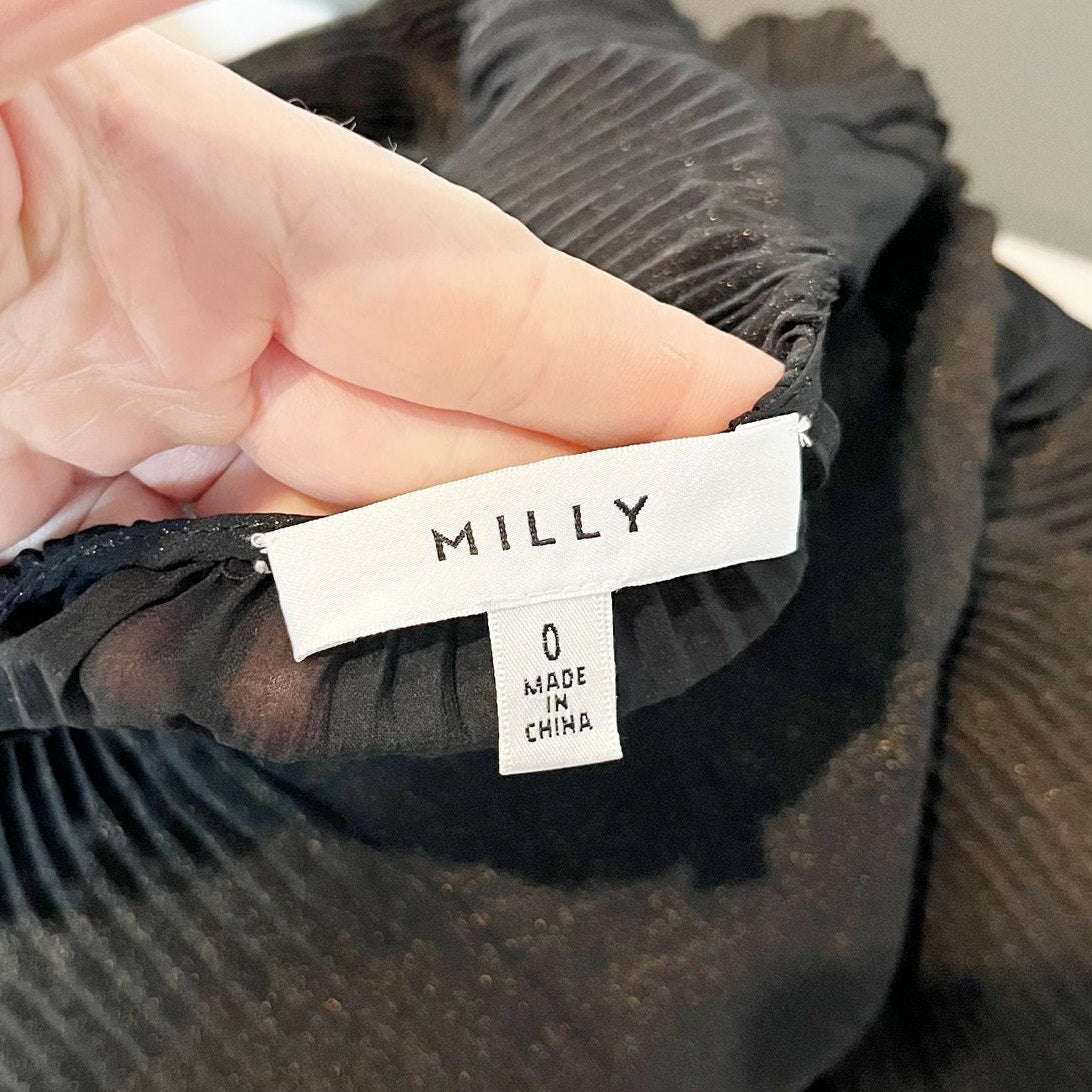 Milly V Neck Long Sleeve Pleated Liv Belted Mini Dress Black 0