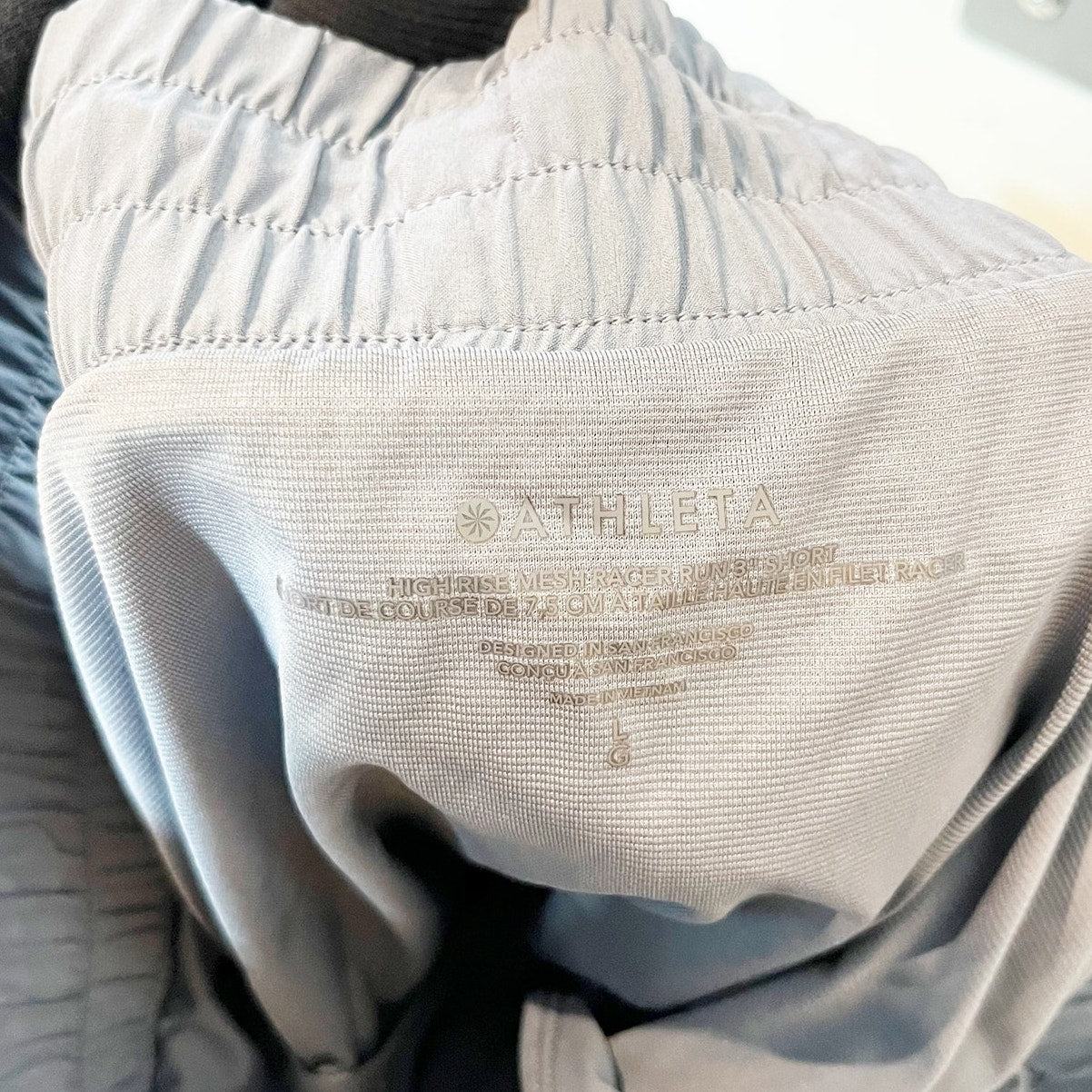 Athleta High Rise Mesh Racer Run Lined Running Shorts Gray Blue Large