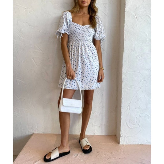 Faithfull The Brand Wendy Smocked Mini Puff Sleeve Floral Dress White Blue XS