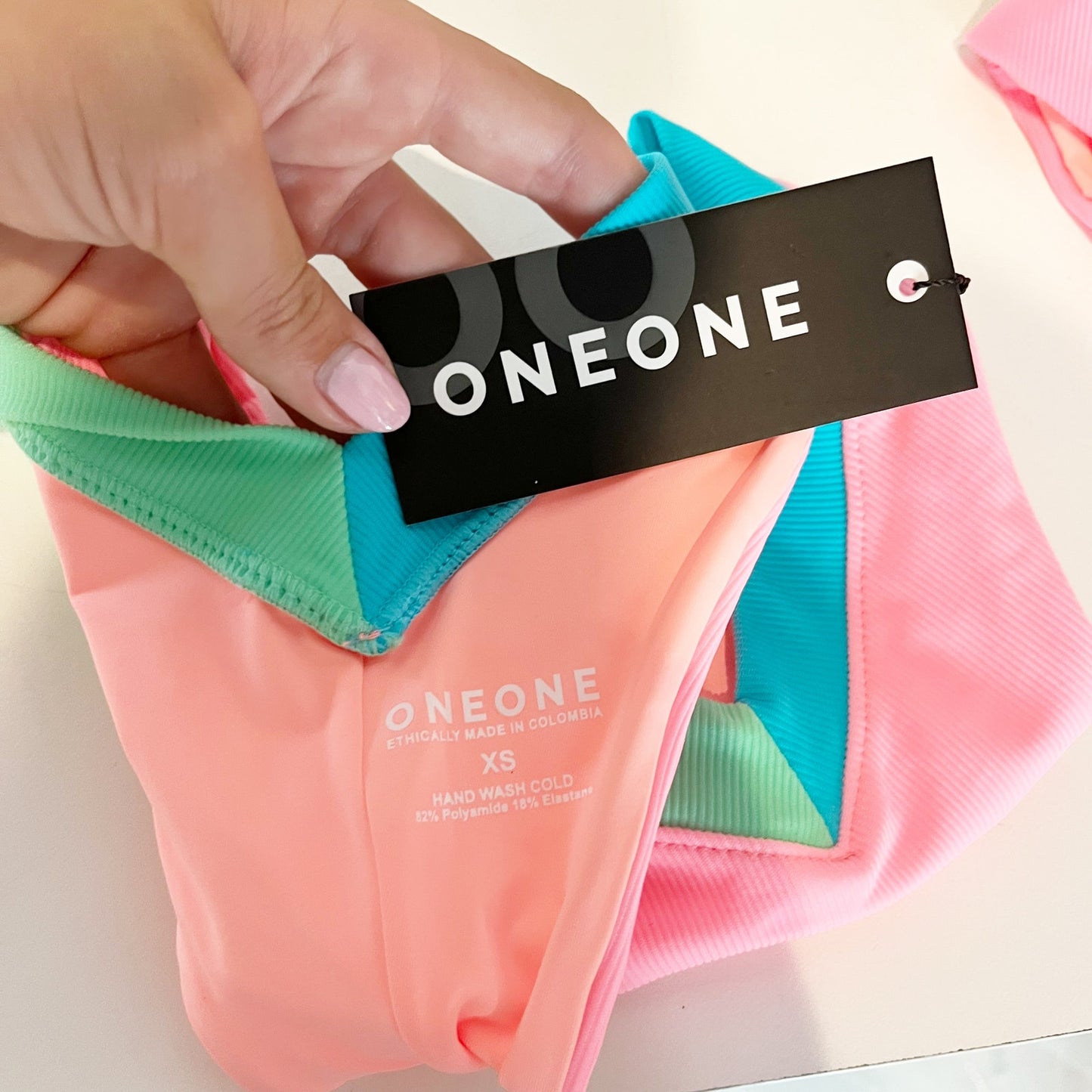 One One Swimwear Triangle Ribbed Colorblock Cheeky Bikini Pink Blue Green XS