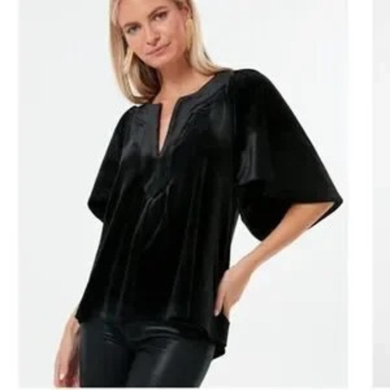 Pomander Place Tuckernuck Velvet Finley Flutter Sleeve Top Blouse Black XS