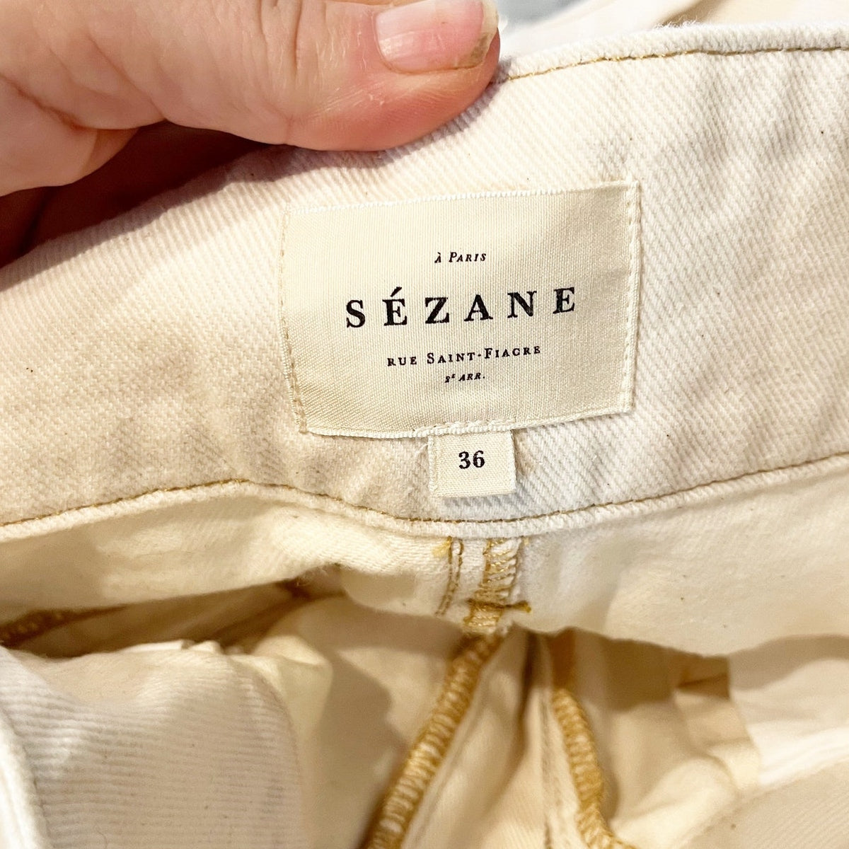 Sezane High Rise Paperbag Belted Tapered Straight Leg Jeans Cream 36