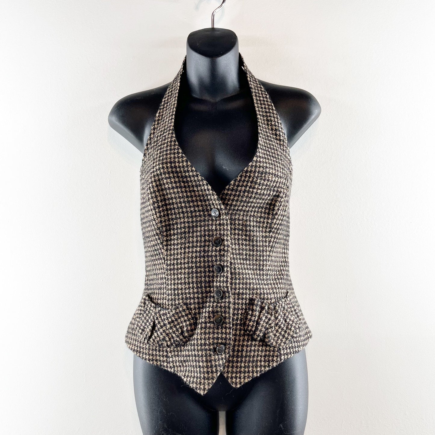 Anne Fontaine Paris Houndstooth Sleeveless Halter Waistcoat Vest Tan Black 40