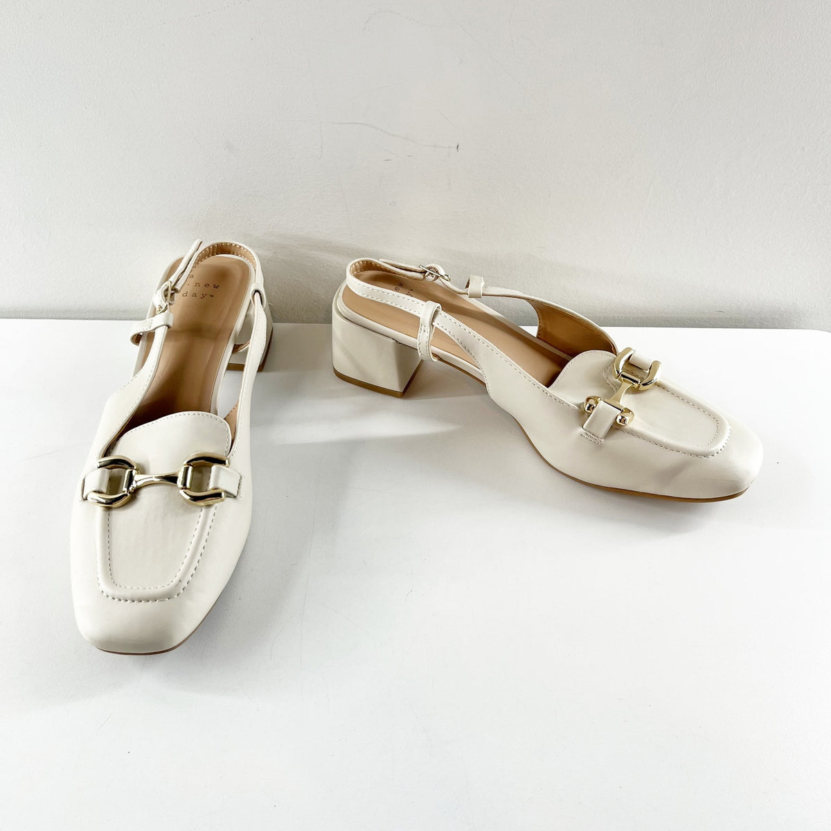 A New Day Justina Square Toe Horsebit Slingback Block Heel Loafer Shoes Cream 9