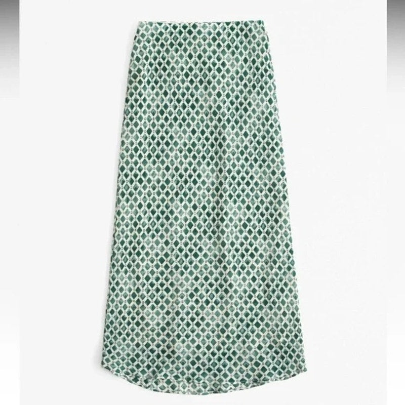 Abercrombie Crinkle Geometric Lined Maxi Slip Skirt Green XL