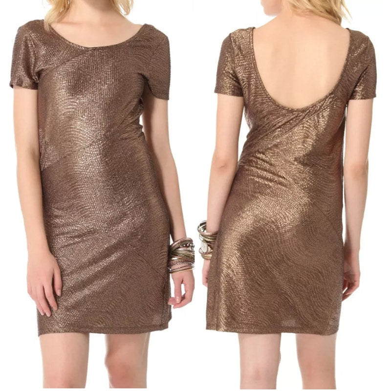 Free People Daydream Short Sleeve Bodycon Mini Dress Bronze Moonage Small