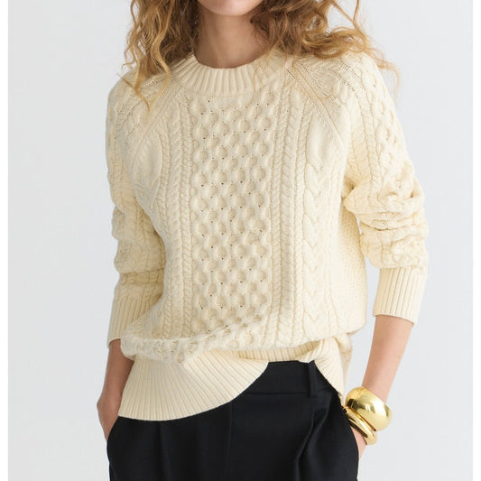 J. Crew Cable -Knit Crewneck Cotton Pullover Sweater Ivory Cream XS
