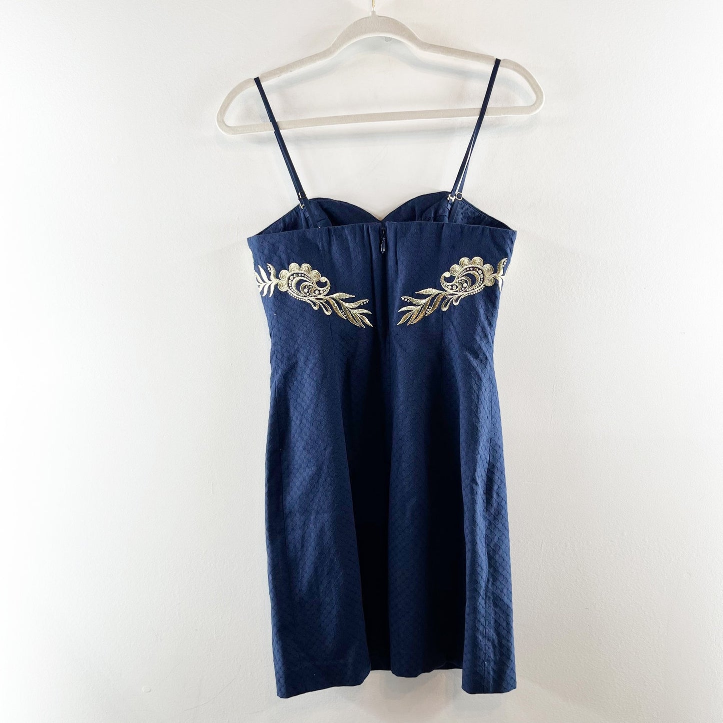 Lilly Pulitzer Demi Convertible Strapless Embroidered Mini Dress Navy Blue Gold