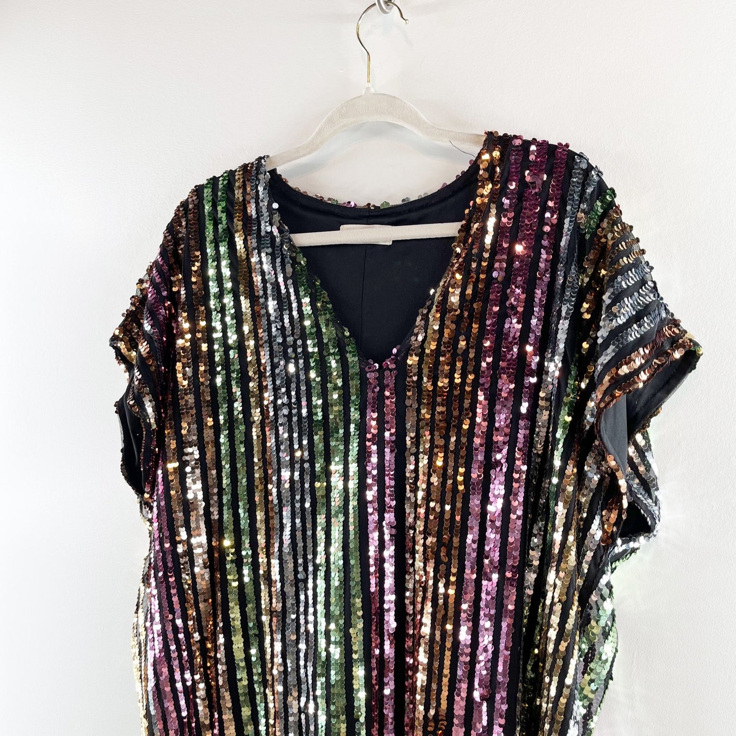 By Together Rainbow Striped V neck Short Sleeve Sequin T-Shirt Mini Dress Medium