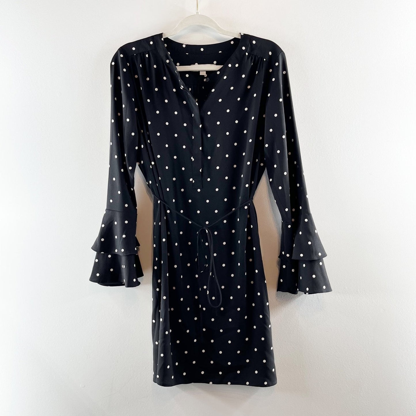 LOFT Polka Dot Flare Bell Long Sleeve Belted Mini Dress Black Small