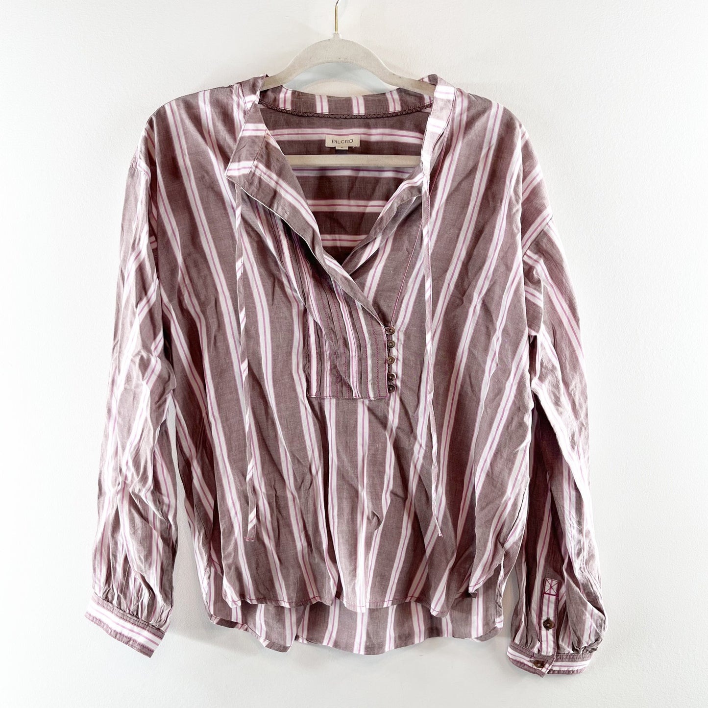 Pilcro Anthropologie Long-Sleeve Striped Popover Top Blouse Dusty Pink Small