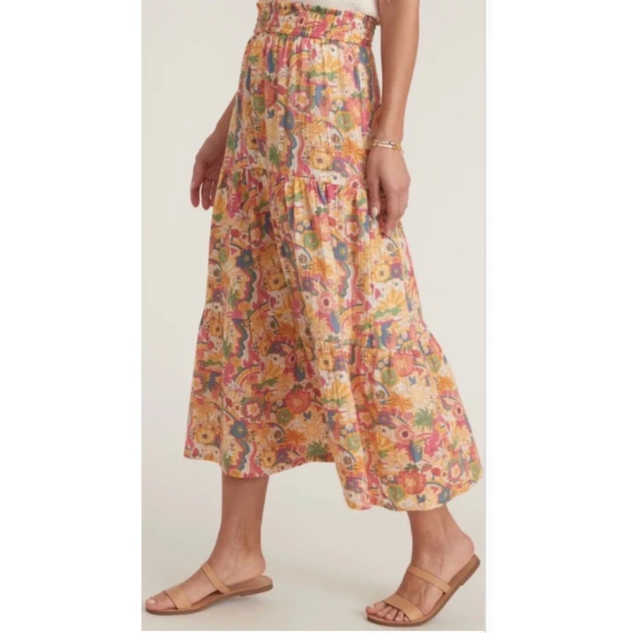 Marine Layer Floral Print Smocked Tiered A-Lined Maxi Skirt Yellow Orange Medium