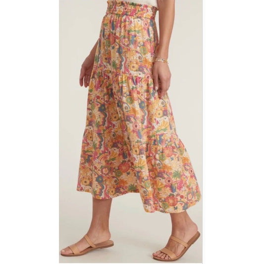 Marine Layer Floral Print Smocked Tiered A-Lined Maxi Skirt Yellow Orange Medium