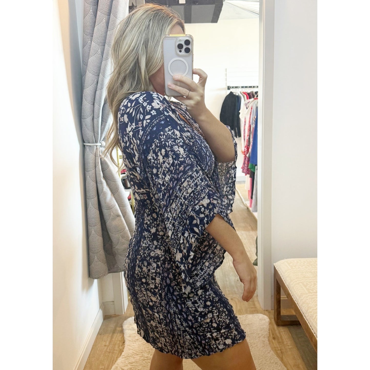 Lovestitch Kimono Bell Flare Sleeve V Neck Mini Dress Blue Medium