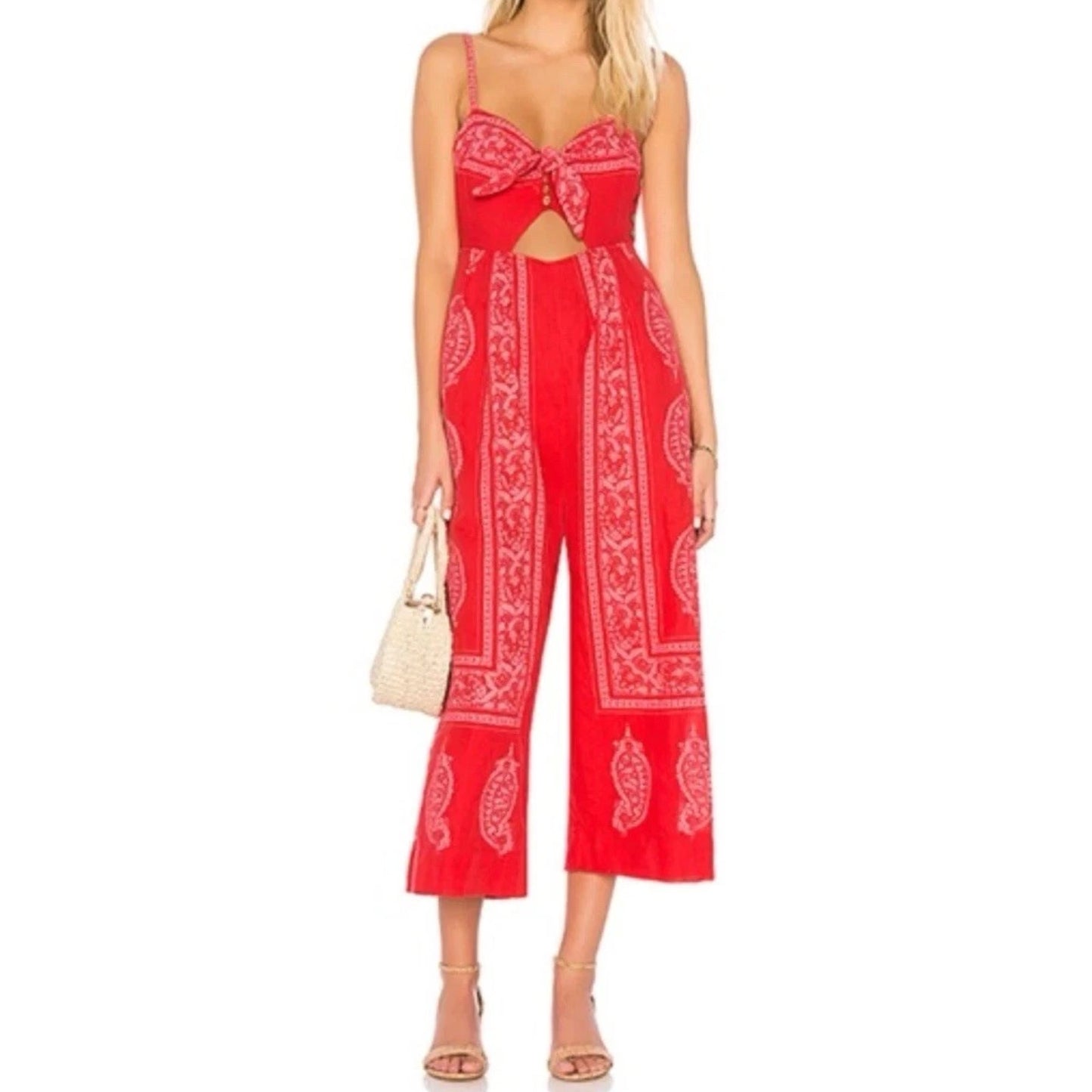 Free People Feel The Sun Wide Leg Paisley Bandana Print Jumpsuit Red Medium