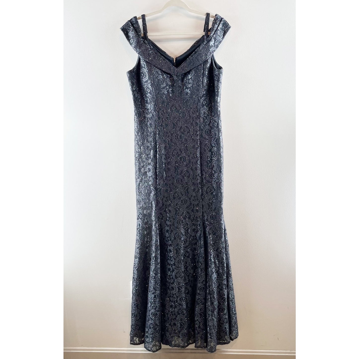 R&M Richards Off The Shoulder Lace Maxi Dress Gown Navy Blue 14