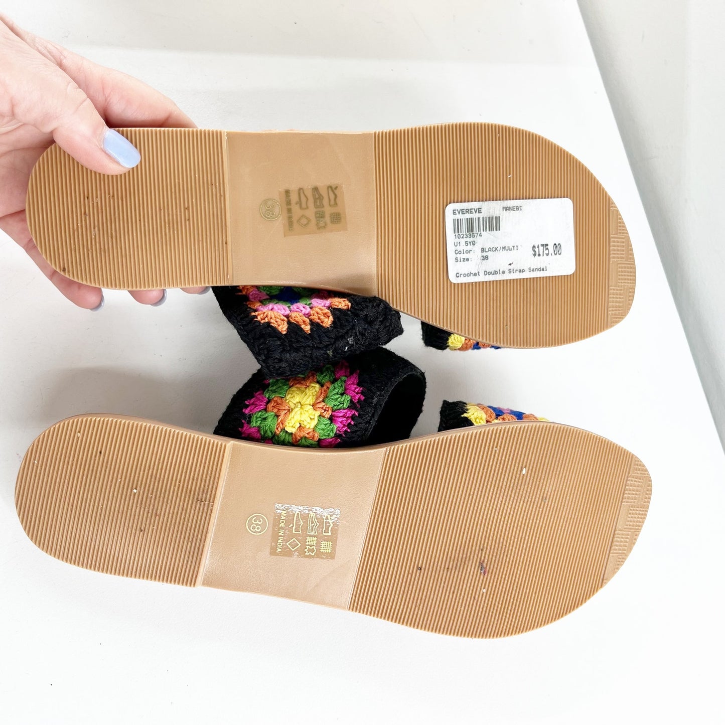 Manebi Cotton Crochet Two Strap Flat Sandals Yucatan Black Sunset Orange 38