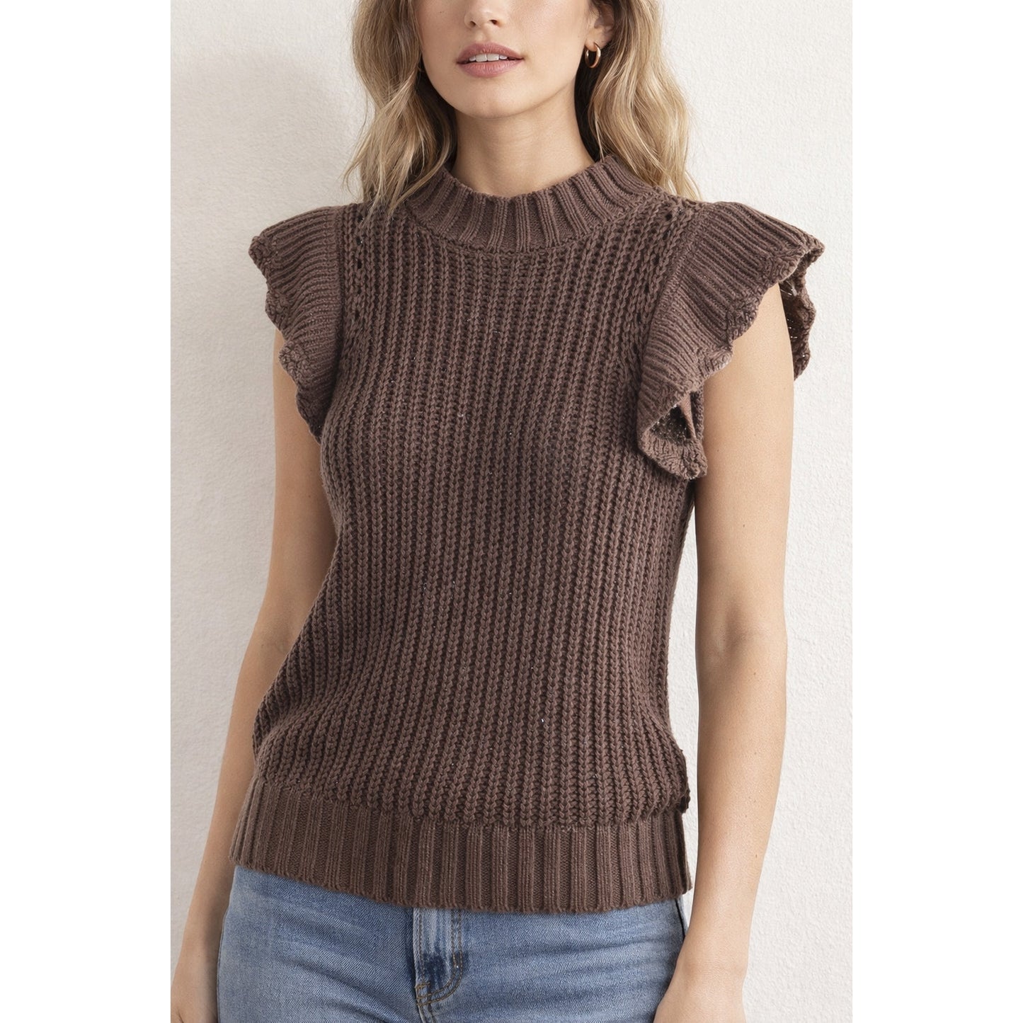 Evereve Ruffle Flutter Cap Short Sleeve Crewneck Sweater Brown XS
