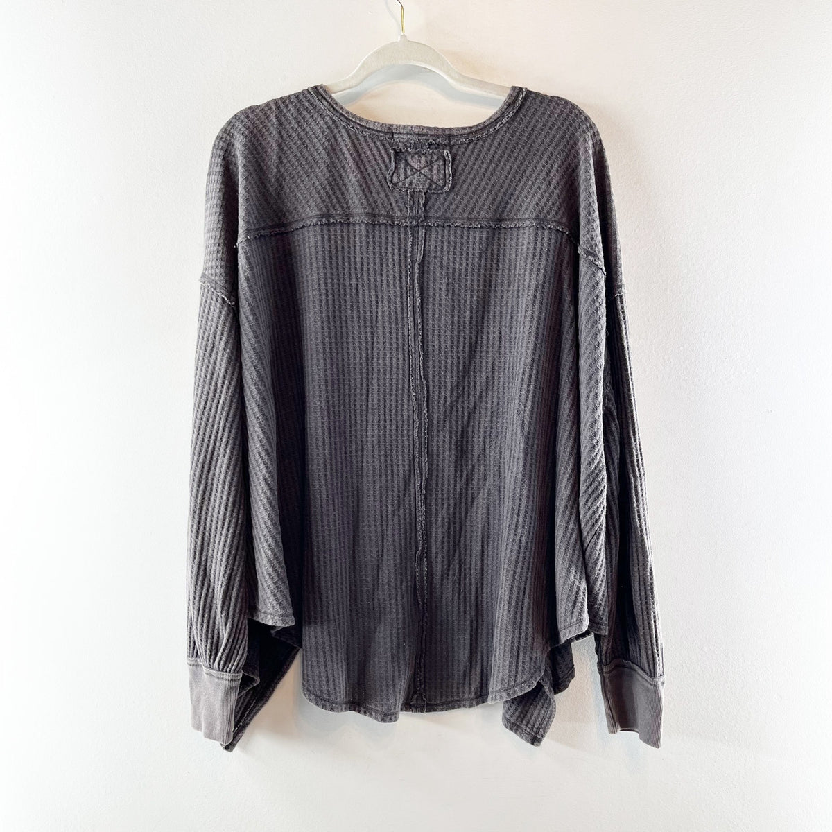 Free People Coraline Long Sleeve V-Neck Thermal Top Charcoal Black Medium
