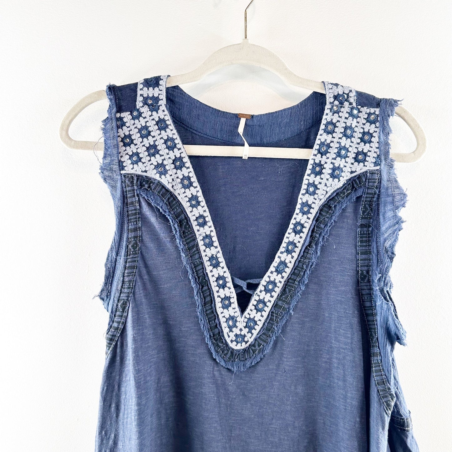 Free People Embroidered Cotton Linen Sleeveless Muscle Tank Top Blue XS