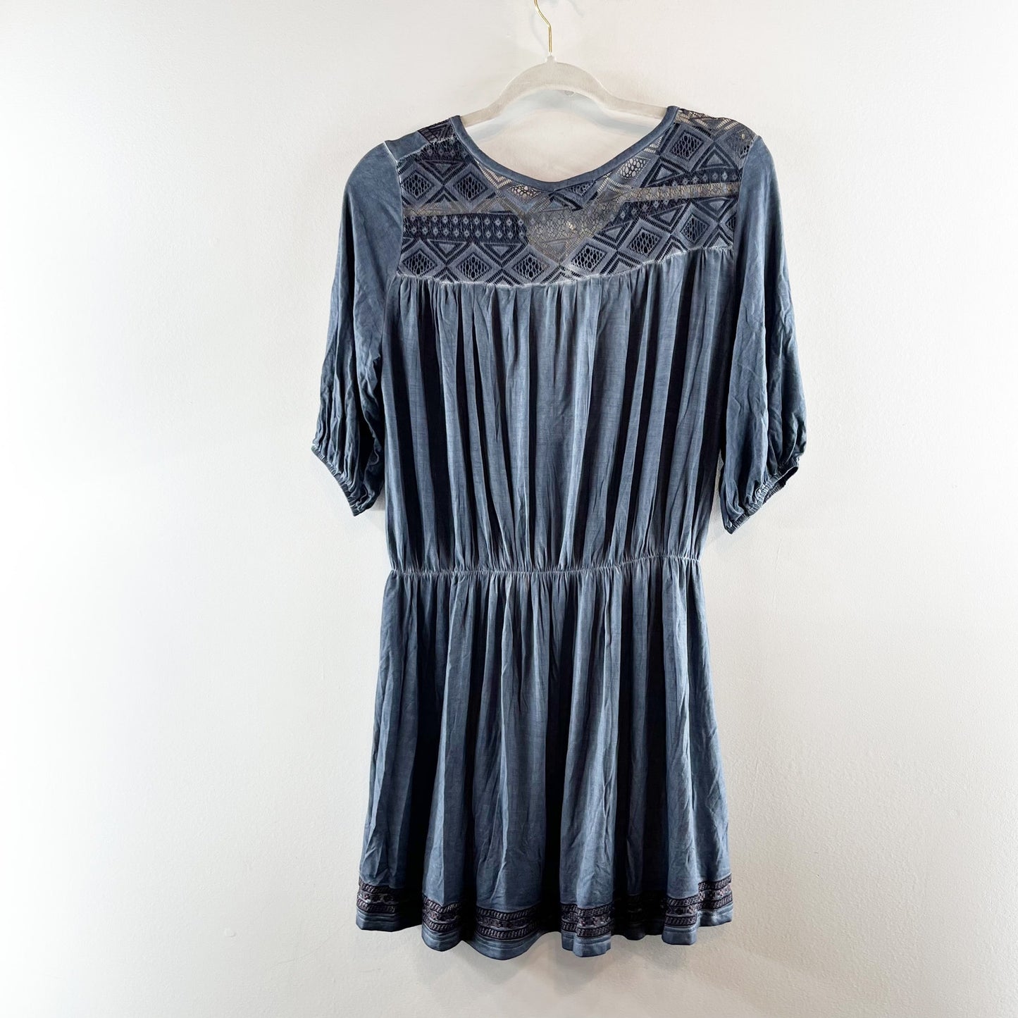 POL Short Puff Sleeve Boho Mini Dress Elastic Waist Tassel Drawstring Blue Small