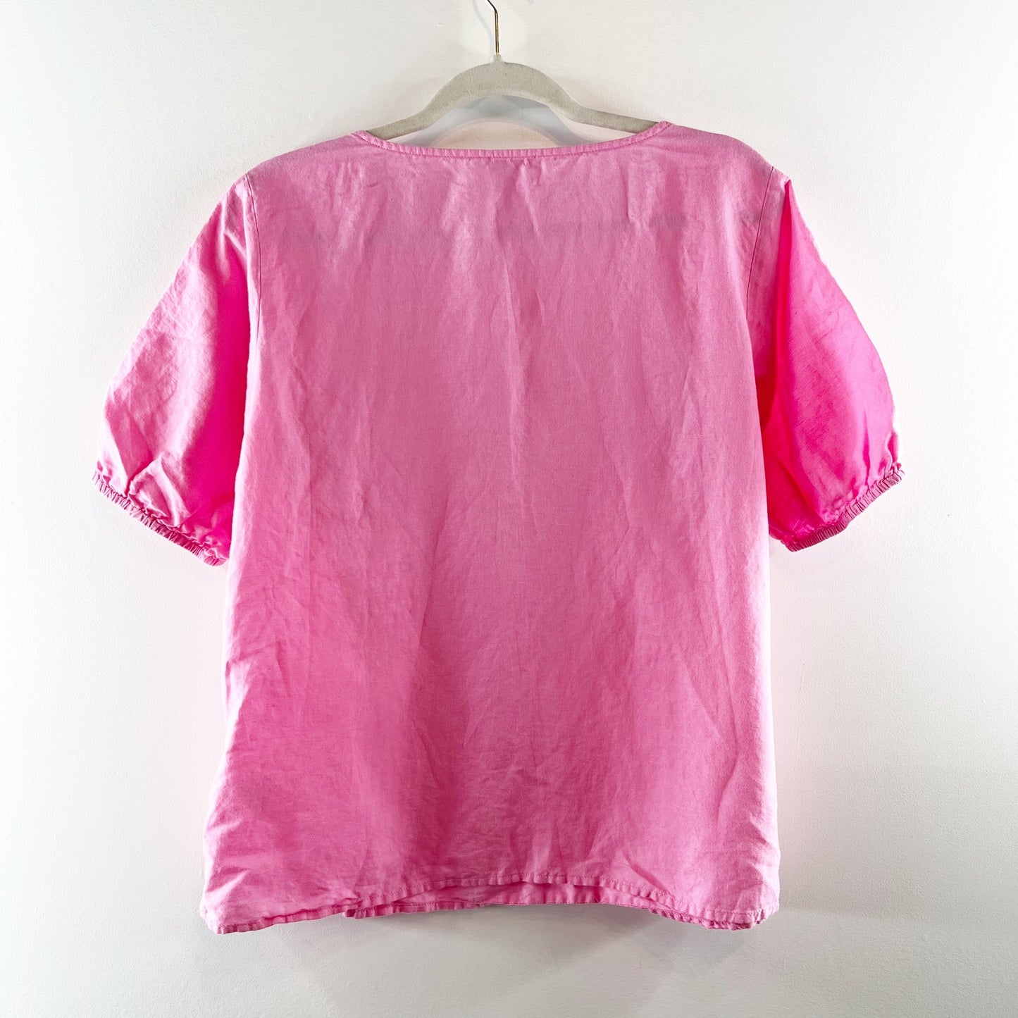 Talbots Linen Blend Short Puff Sleeve Side Slit Tee Shirt Blouse Top Pink Medium