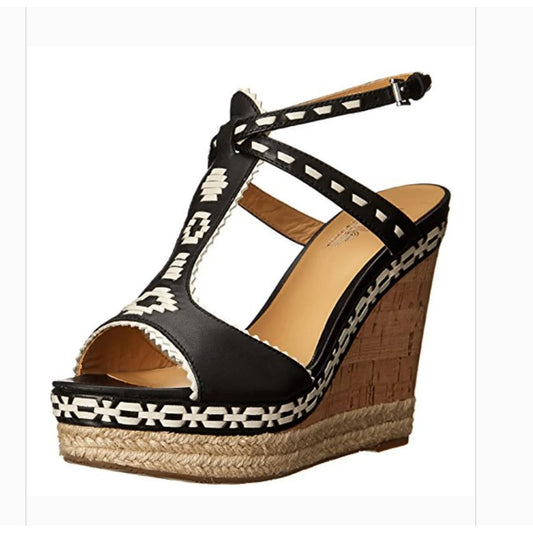 Belle by Sigerson Morrison Aivi Embroidered Leather Wedge Heel Sandals Black 8