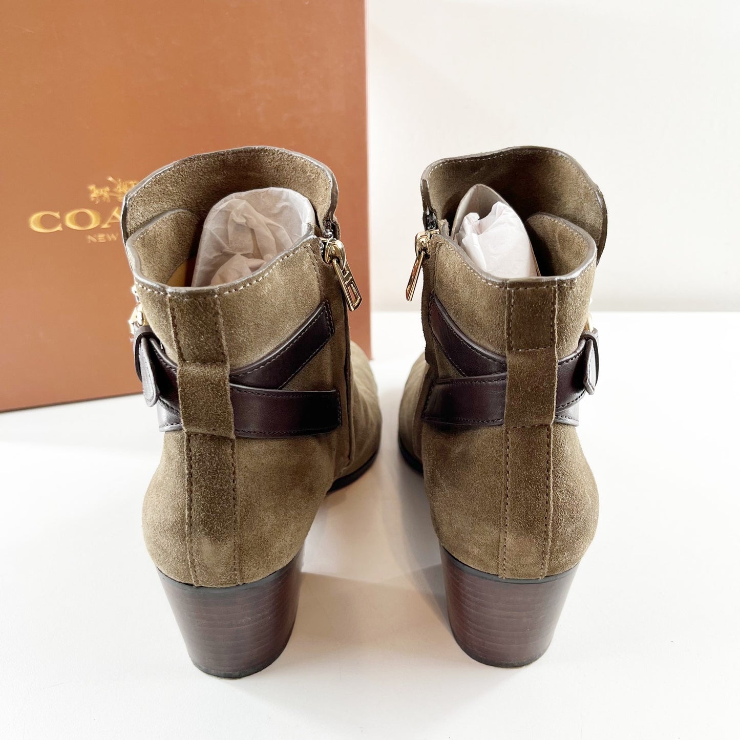 Coach Paulina Block Stacked Heel Suede Ankle Boots Booties Fatigue Chestnut 9