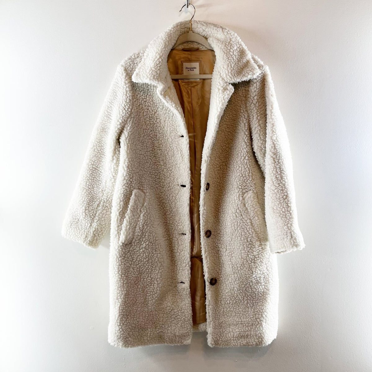 Abercrombie & Fitch Long Sleeve Mid-Length Sherpa Fleece Teddy Coat Cream Medium