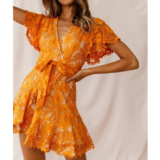 Selfie Leslie Cami Angel Sleeve Faux Wrap Dress Orange Sunset Medium