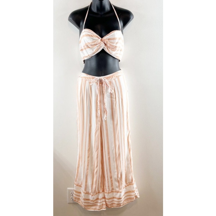 Lost + Wander Halter Bandeau Crop Top Striped Wide Leg Pants Matching Set White