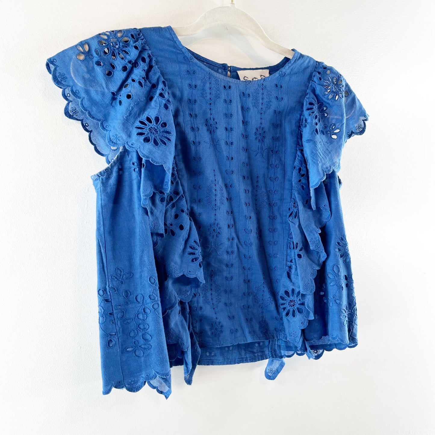 Sea New York Cropped Eyelet Ruffle Cotton Top Blouse Blue 4