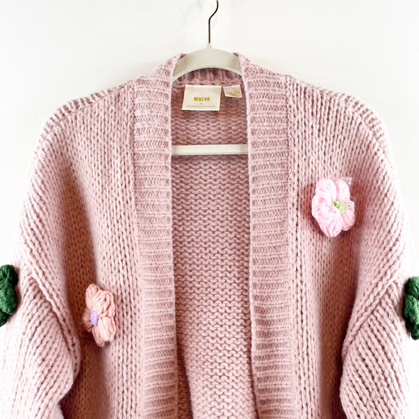 Maeve The Susannah 3D Flower Open Knit Chunky Cardigan Sweater Pink O/S