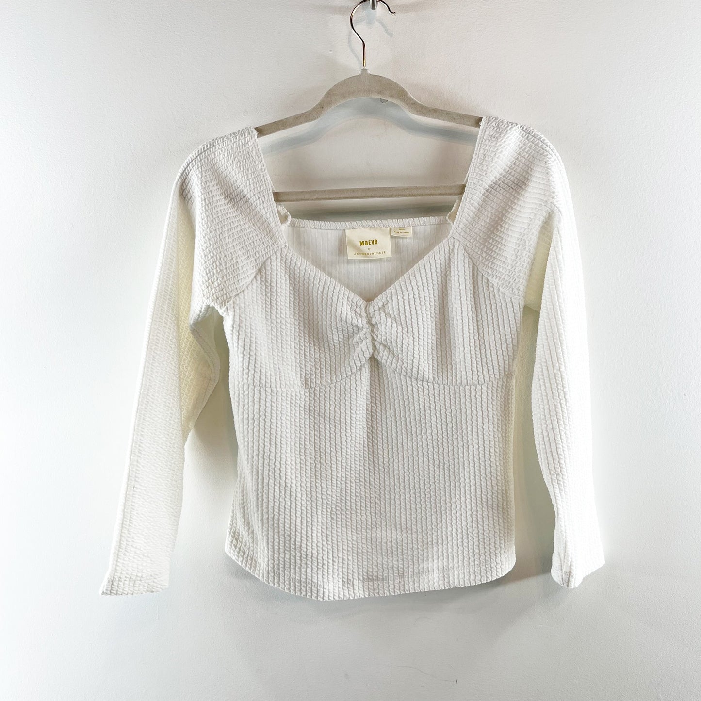 Maeve Anthropologie 3/4 Sleeve Fitted Textured Sweetheart Neck Top White Small