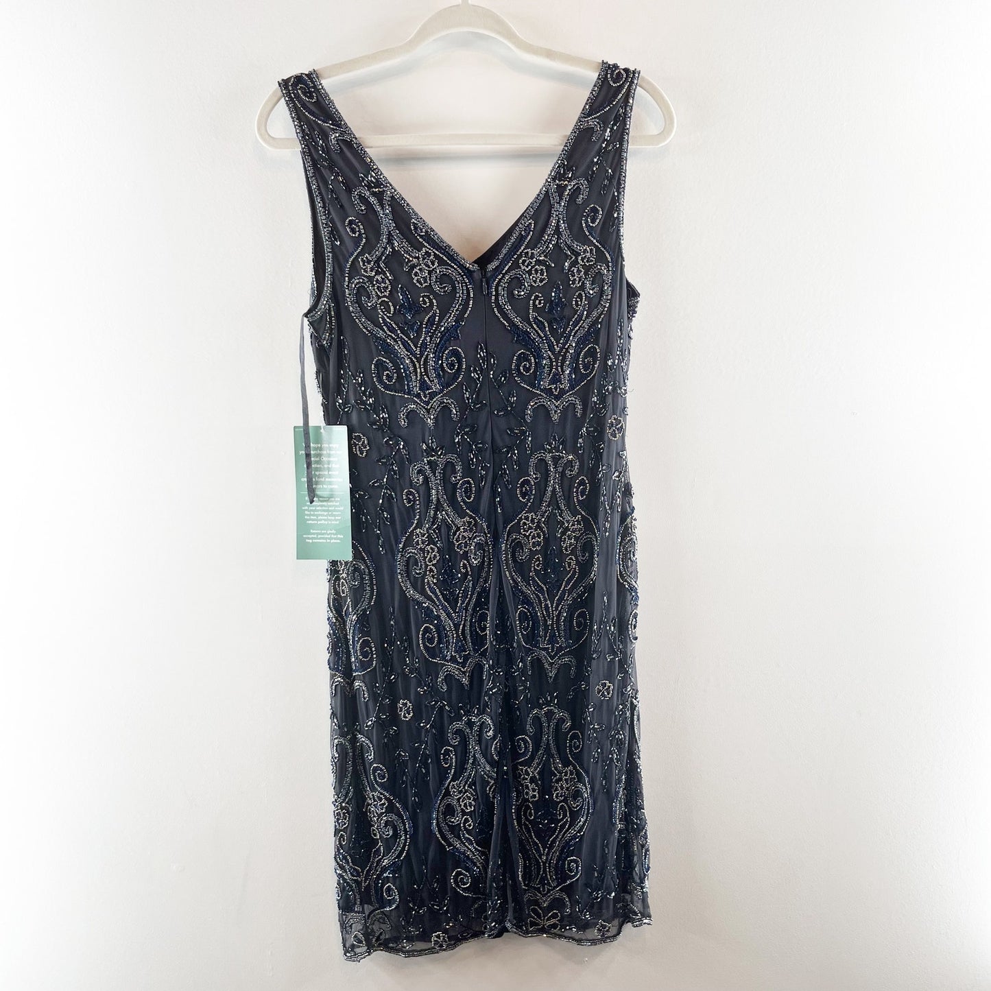 Prelude Retro Floral Beaded V-Neck Sleeveless Lined Shift Mini Dress Blue 12