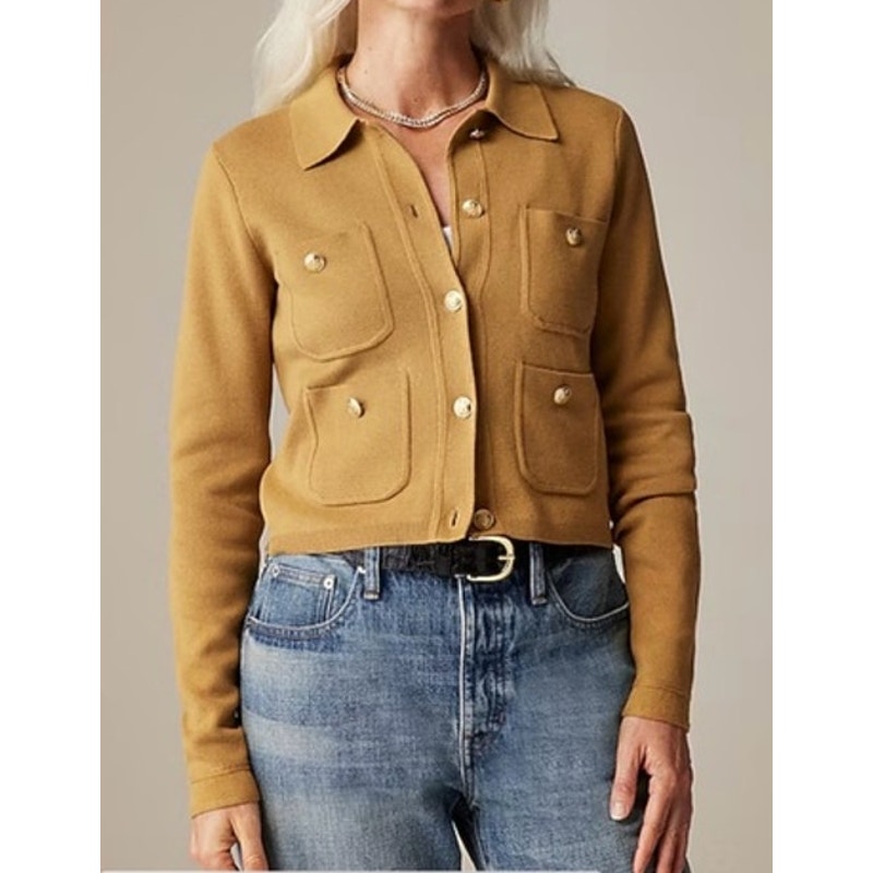 J. Crew Long Sleeve Patch-Pocket Button-Front Knit Sweater Lady Jacket Tan Large
