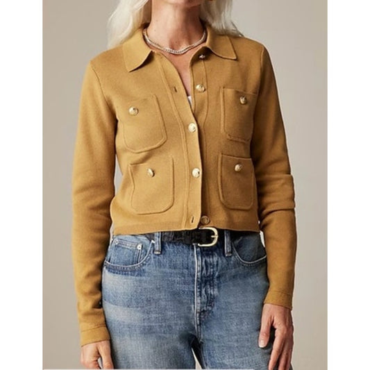 J. Crew Long Sleeve Patch-Pocket Button-Front Knit Sweater Lady Jacket Tan Large