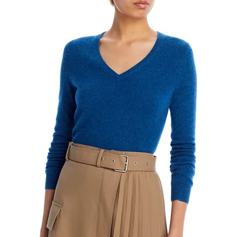 C by Bloomingdales Cashmere Long Sleeve V-Neck Pullover Sweater Admiral Blue L