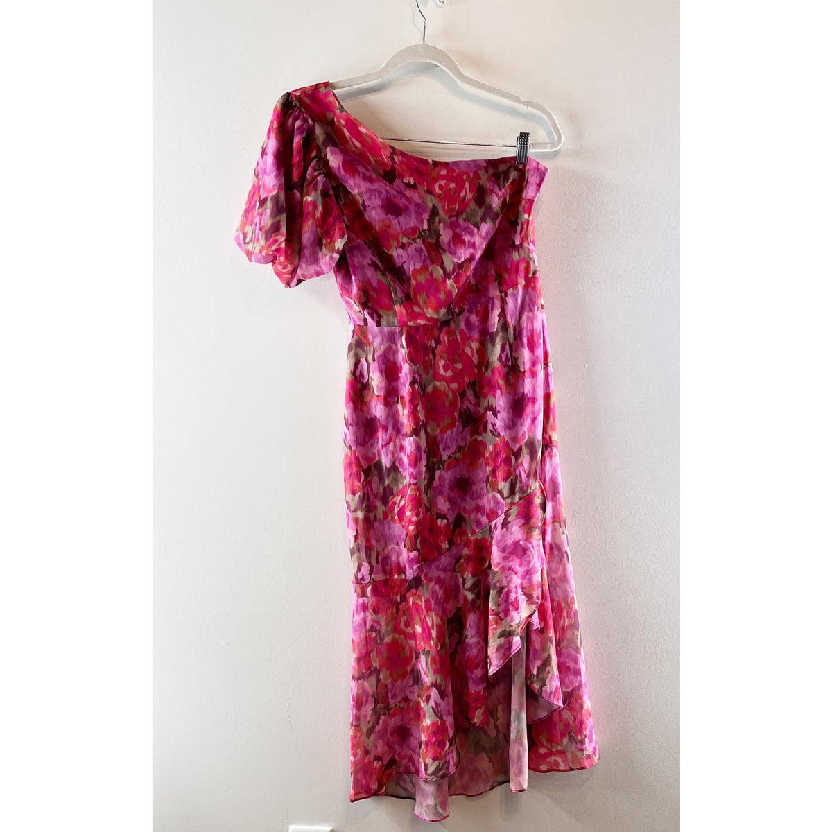 Showpo Clabelle One Puff Sleeve Asymmetrical Floral Midi Dress Pink 4